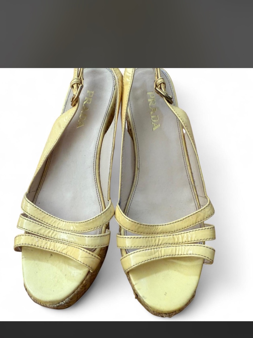 Prada Pale Yellow Patent Leather Slingback Sandals